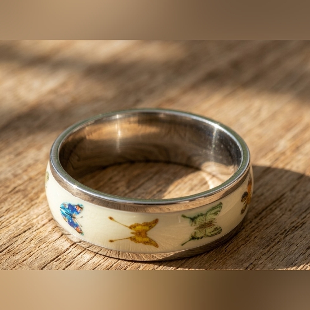 Butterfly Stainless Steel Ring Band - Colorful Enamel Design - US Size 10 / 20